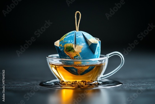 A tea bag shaped like Earth, steeping in a cup of water, with the continents slowly unfolding as the tea brews photo