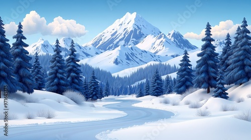 A serene winter landscape featuring towering mountains and snow-covered trees under a clear blue sky.