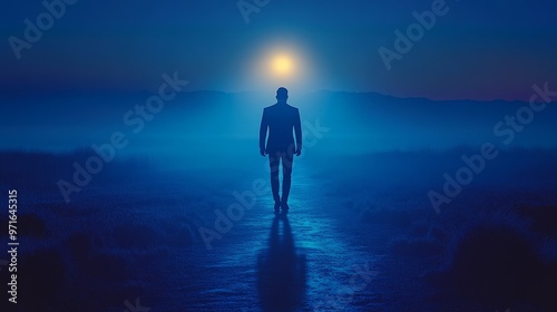 A solitary figure walks toward the glowing moon, creating a mystical atmosphere in the serene blue landscape.