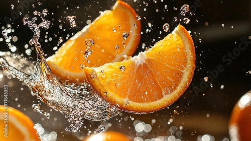   A cluster of oranges, with water cascading from their tops and sides onto the surrounding area photo