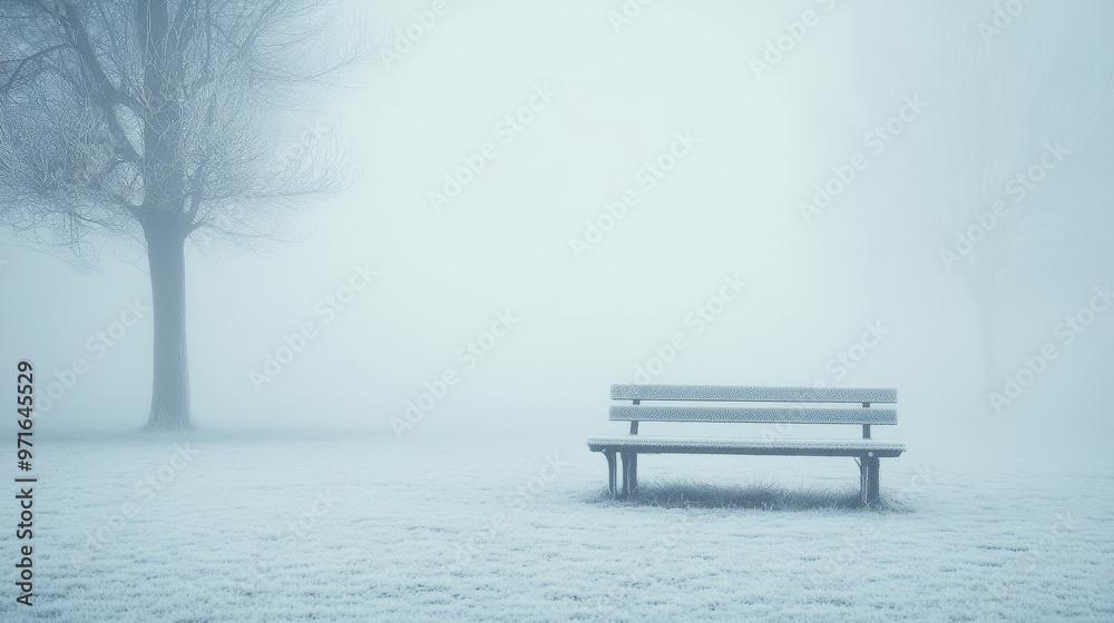 Empty frosted bench in a foggy winter landscape with a bare tree standing nearby, creating a serene and tranquil scene Empty frosted bench in a foggy winter landscape with a bare tree standing nearby, creating a serene and tranquil scene