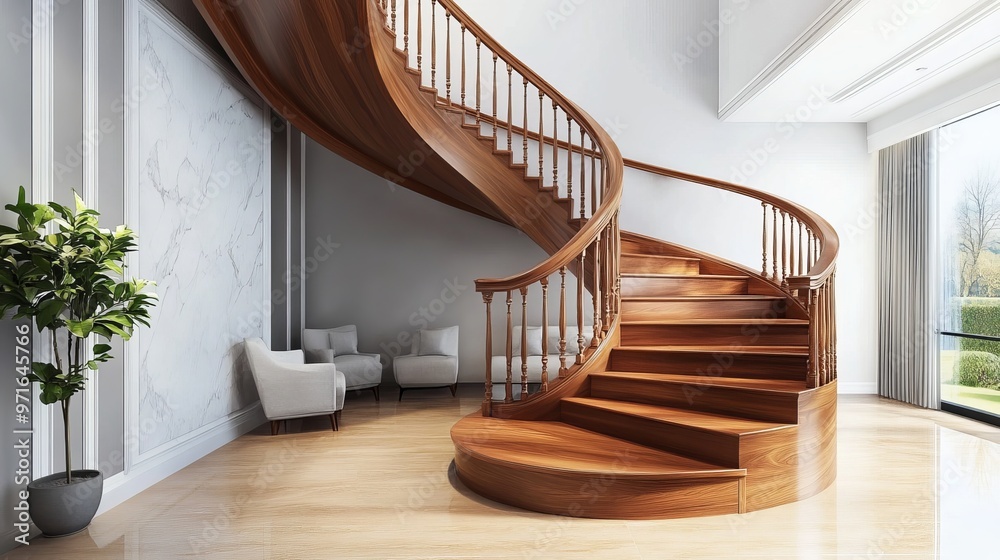 Fototapeta premium Home decor featuring a wooden staircase with a railing