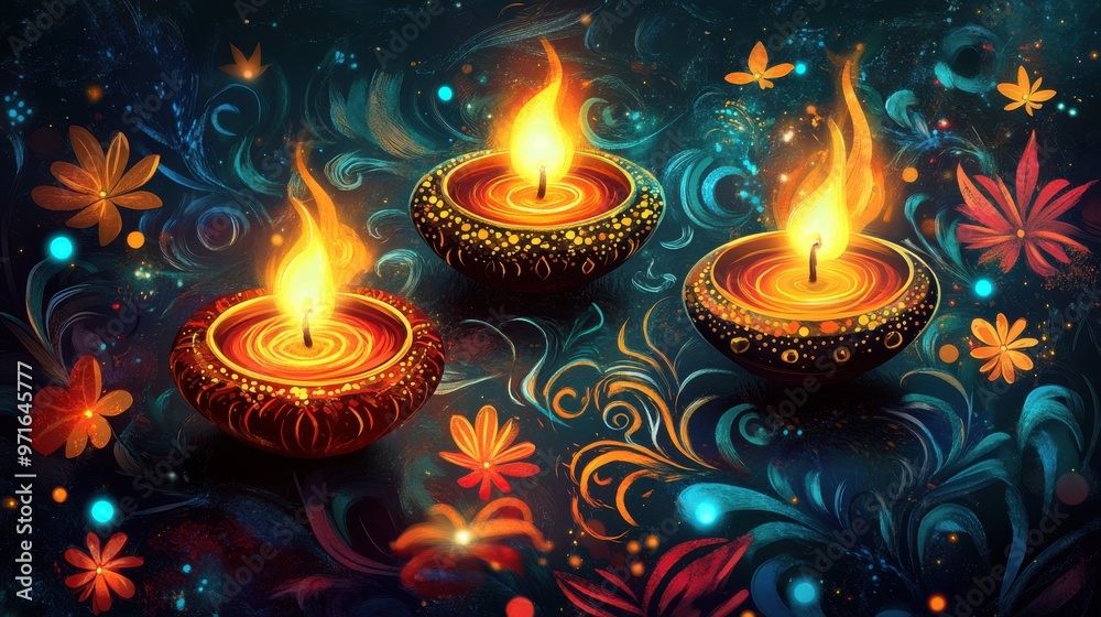 A traditional Deepavali design with intricate patterns, vibrant colors, and glowing lamps A traditional Deepavali design with intricate patterns, vibrant colors, and glowing lamps