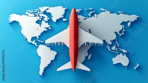 A vibrant airplane model positioned over a stylized world map, symbolizing travel and adventure in a modern context. photo