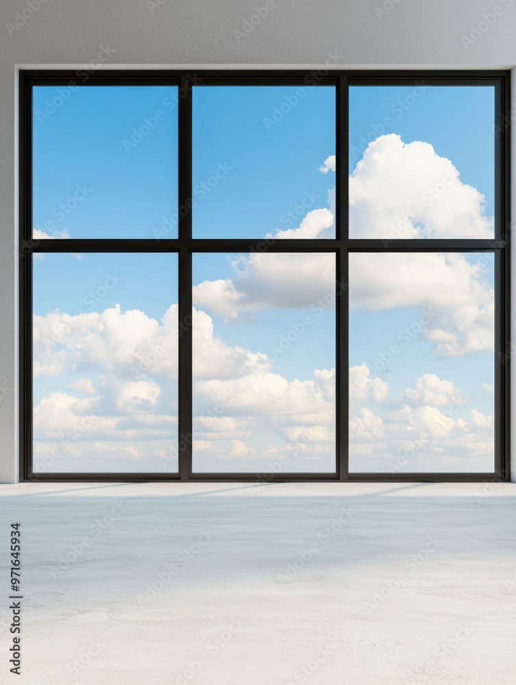 Spacious modern interior featuring large windows that showcase a bright sky with fluffy clouds, ideal for design inspiration.