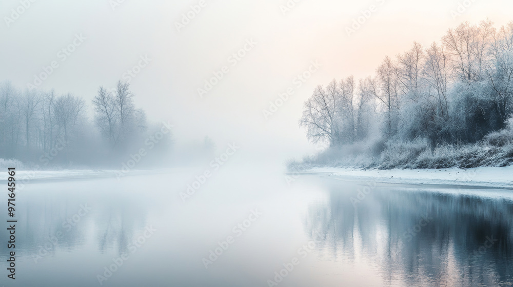 Foggy winter morning by a calm river with snow-covered trees and soft pastel hues reflecting in the water Foggy winter morning by a calm river with snow-covered trees and soft pastel hues reflecting in the water