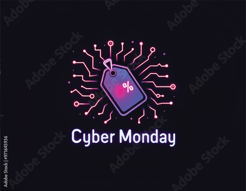 a black screen with a cyber monday sale sign on it and a price tag and circuit lines on it
