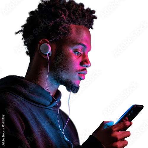 Young man wearing earbuds, illuminated by neon lighting while looking at his phone