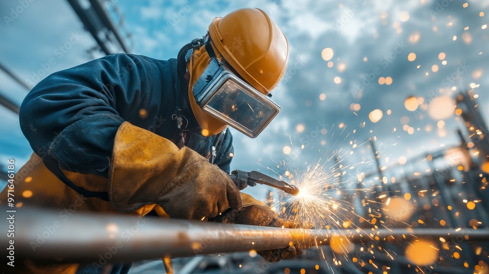 Deep-sea diver welding, maintaining submarine infrastructure. Deep-sea diver welding, maintaining submarine infrastructure.