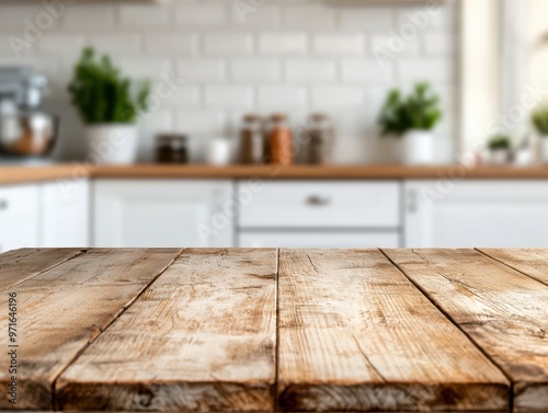 A rustic wooden countertop in a bright kitchen setting, perfect for cooking and dining inspirations.