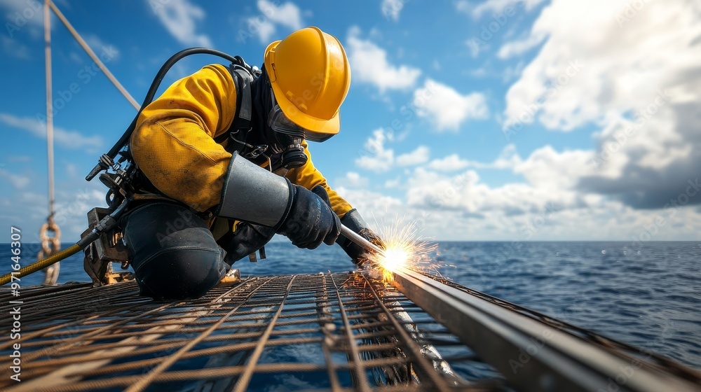 Deep-sea diving, welder maintaining submerged construction. Deep-sea diving, welder maintaining submerged construction.