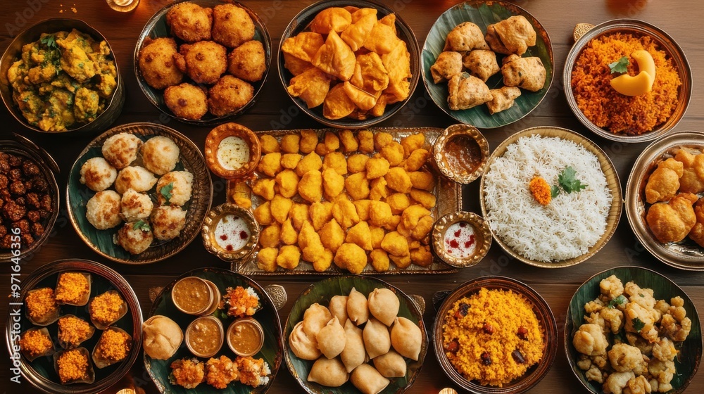 A traditional Diwali feast with a variety of Indian dishes, sweets, and snacks arranged beautifully A traditional Diwali feast with a variety of Indian dishes, sweets, and snacks arranged beautifully