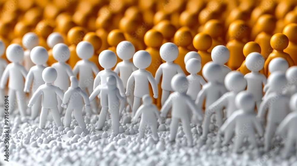 Obraz premium A vibrant scene featuring miniature figures in white and orange, symbolizing diversity and unity in a stylized population.