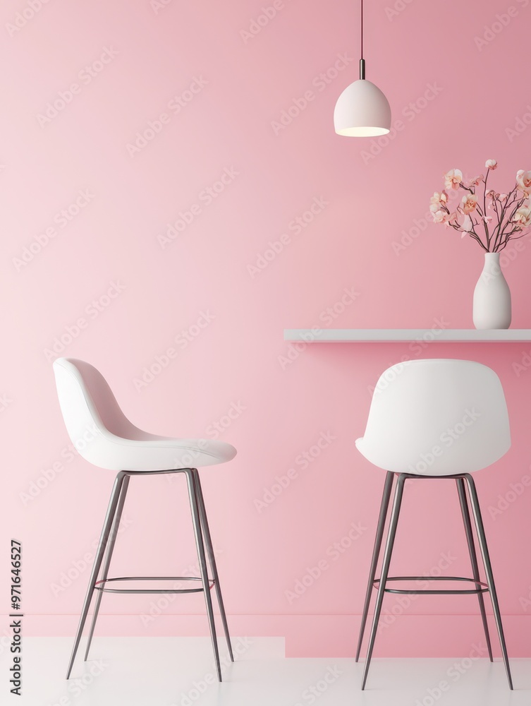 Fototapeta premium Stylish white bar chairs with a sleek design against a soft pink wall, accompanied by a minimalist table and vase of flowers.