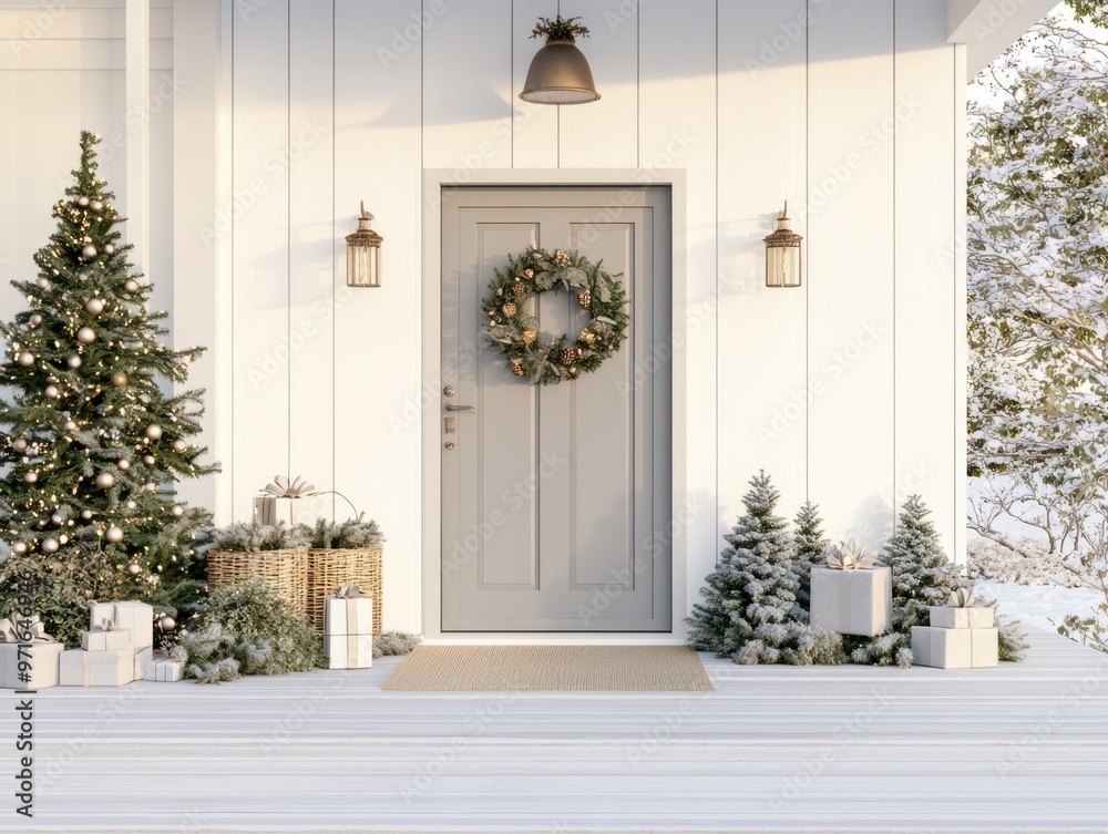 Charming winter entrance with a decorated door, evergreen trees, and festive gifts, creating a cozy holiday atmosphere. Charming winter entrance with a decorated door, evergreen trees, and festive gifts, creating a cozy holiday atmosphere.