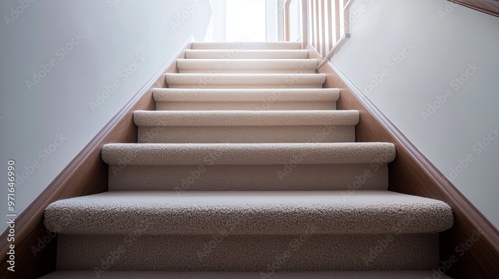 Lowangle wide shot of a staircase leading up from a basement in a luxury house The stairs are carpeted in beige and feature a single wooden rail on the left Lowangle wide shot of a staircase leading up from a basement in a luxury house The stairs are carpeted in beige and feature a single wooden rail on the left