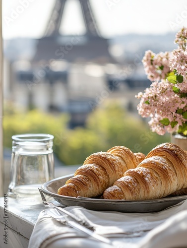 Enjoy a delightful breakfast featuring fresh croissants, a glass of water, and beautiful flowers with the Eiffel Tower backdrop. photo