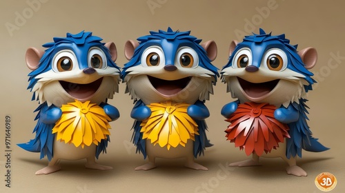Cheerful cartoon hedgehogs holding pom-poms in vibrant colors, perfect for children's illustrations and playful designs.