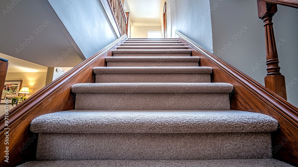 Obraz premium Lowangle wide shot of a staircase leading up from a basement in a luxury house The stairs are carpeted in beige and feature a single wooden rail on the left