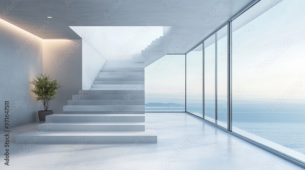 Fototapeta premium Minimalist staircase design within a modern villa interior