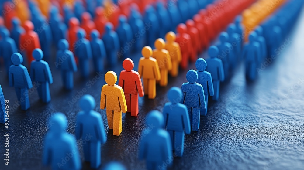 Fototapeta premium Colorful figurines stand in rows, illustrating diversity and unity, showcasing teamwork and collaboration in a creative setup.