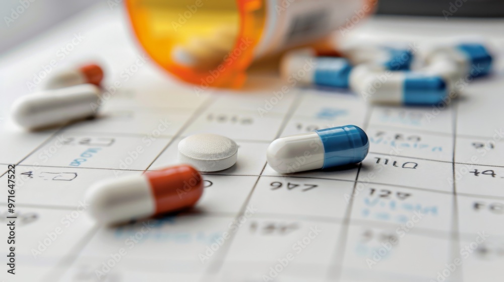 Pills and Capsules Organized on a Medication Schedule Pills and Capsules Organized on a Medication Schedule