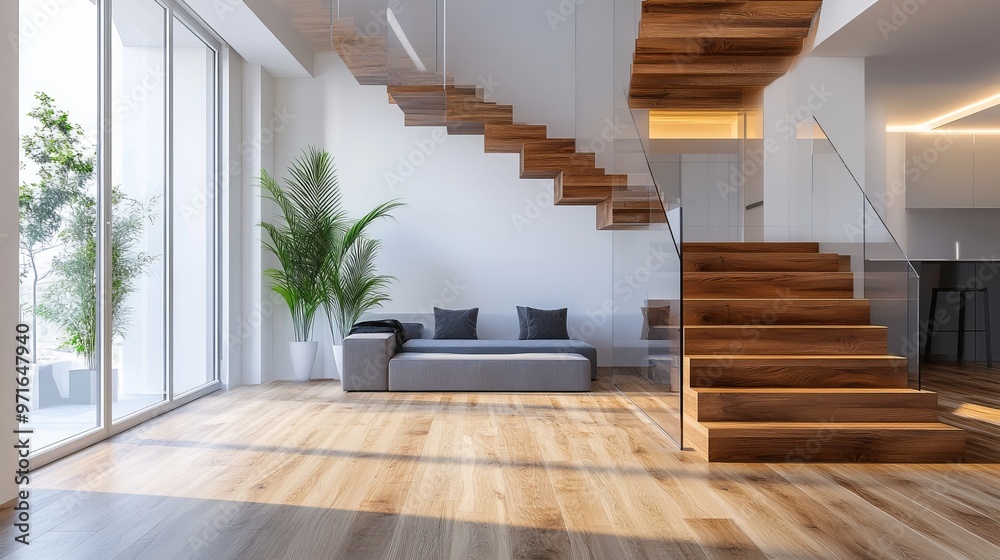 Modern interior of a luxury apartment featuring wooden stairs and a living room with laminate flooring Modern interior of a luxury apartment featuring wooden stairs and a living room with laminate flooring