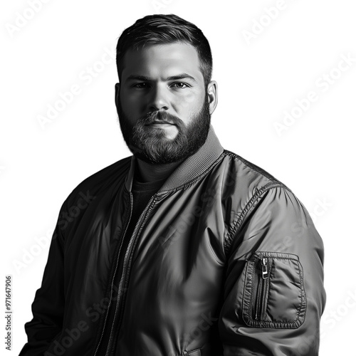 Portrait of a man with a beard wearing a bomber jacket, looking serious