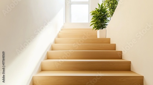 Modern natural ash tree wooden stairs inside a new house interior This design features contemporary architectural elements in a luxury modern design studio apartment