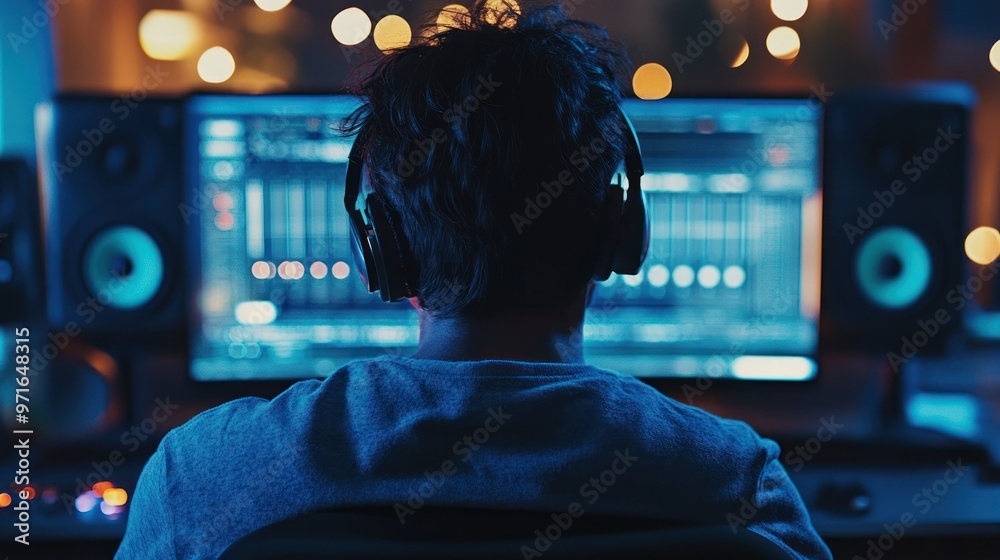 A Person Wearing Headphones Looking at a Computer Screen in a Dark Room A Person Wearing Headphones Looking at a Computer Screen in a Dark Room