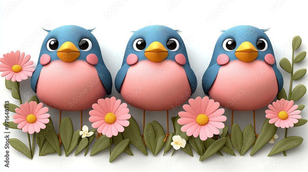 Obraz premium Three cute cartoon birds perched among colorful flowers, perfect for children's themes and cheerful designs.