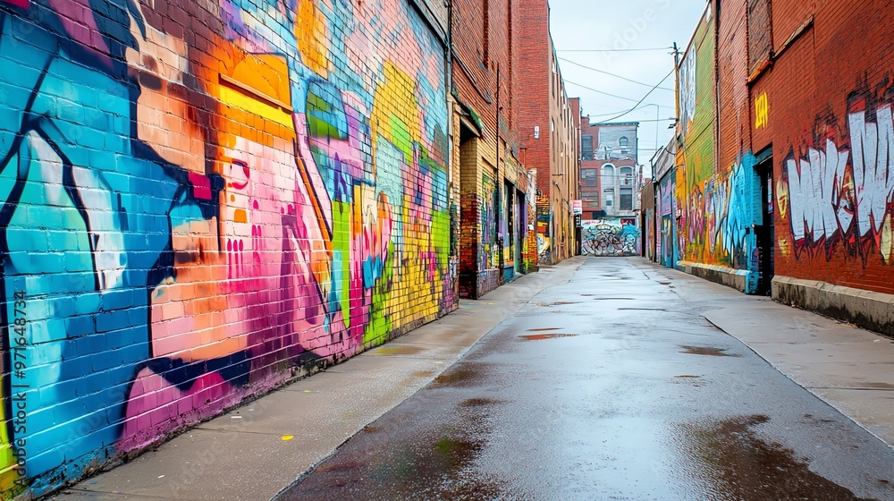 Naklejka premium A narrow alleyway lined with vibrant graffiti art.
