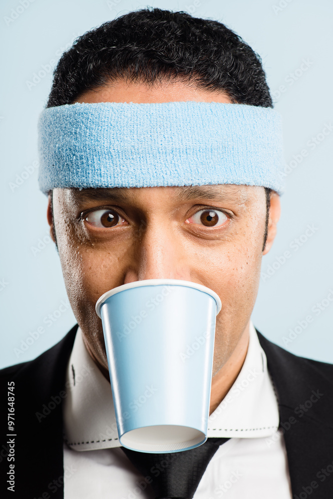 Funny, crazy and man with coffee cup in studio for fitness with retro headband for workout. Caffeine addict, goofy and male athlete drinking takeaway cappuccino or latte with vintage exercise fashion Funny, crazy and man with coffee cup in studio for fitness with retro headband for workout. Caffeine addict, goofy and male athlete drinking takeaway cappuccino or latte with vintage exercise fashion