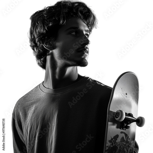 Black and white portrait of a young man holding a skateboard, looking seriously to the side