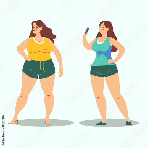 Two women in sports T-shirts and shorts. The theme of weight loss for girls, sports and a healthy lifestyle