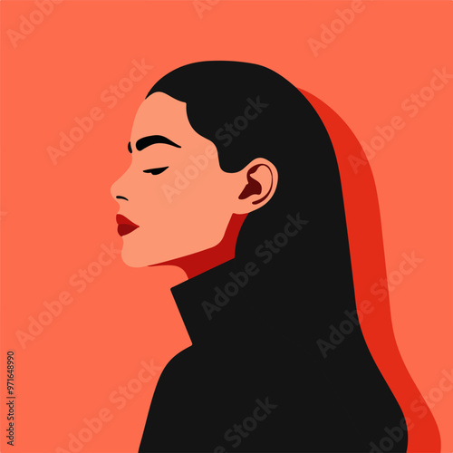 Vector illustration of a girl. The profile of a woman, stylized in the flat style. Contrasting colors