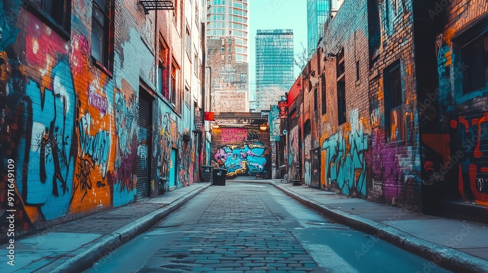 Naklejka premium Urban alleyway with colorful graffiti art.