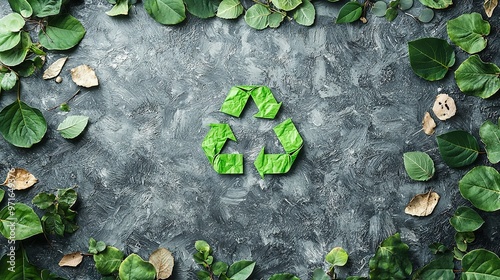   Green leaves scattered on gray cement floor with rectangular shape photo