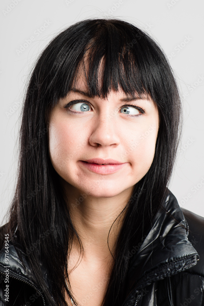 Woman, eyes and silly face for joke, character and humor with positive mood, funny or white background. Female person, mouth and playful facial expression for comedy or quirky personality in studio Woman, eyes and silly face for joke, character and humor with positive mood, funny or white background. Female person, mouth and playful facial expression for comedy or quirky personality in studio
