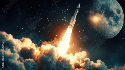 Artemis program rocket launching towards the Moon, powerful engines igniting, dramatic night sky with stars, high-energy and historic scene