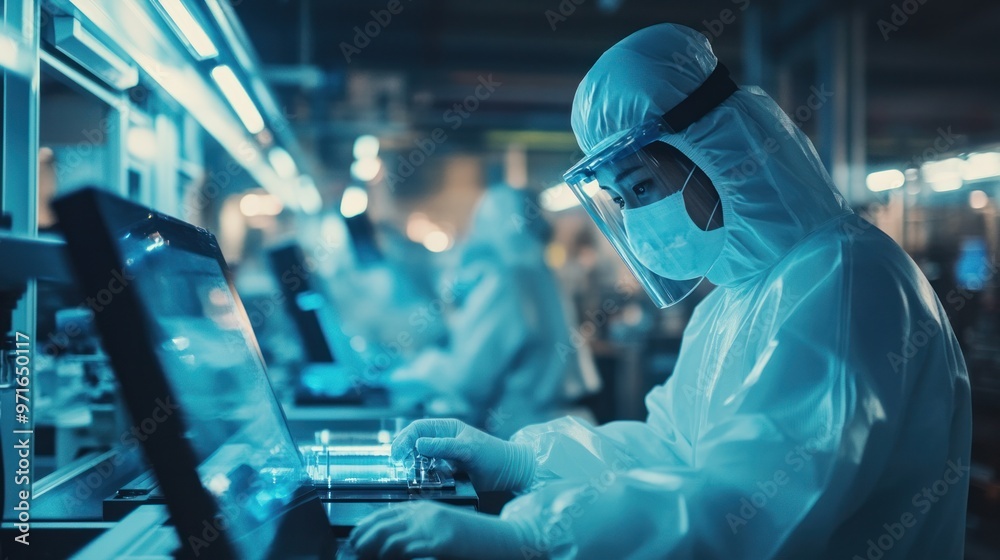 Asian workers in a high-tech factory, wearing protective gear, working on advanced machinery, focused expressions, dimly lit industrial setting Asian workers in a high-tech factory, wearing protective gear, working on advanced machinery, focused expressions, dimly lit industrial setting