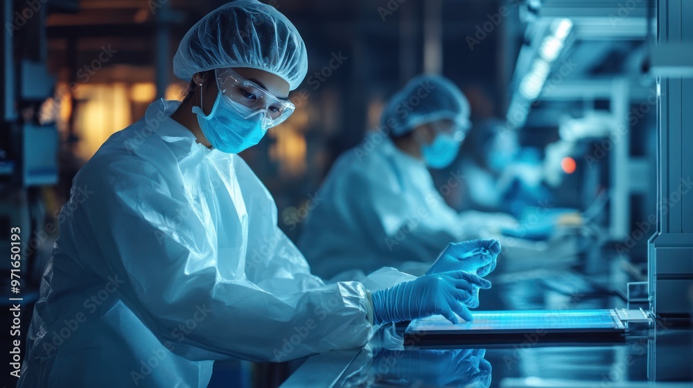 Asian workers in a high-tech factory, wearing protective gear, working on advanced machinery, focused expressions, dimly lit industrial setting Asian workers in a high-tech factory, wearing protective gear, working on advanced machinery, focused expressions, dimly lit industrial setting