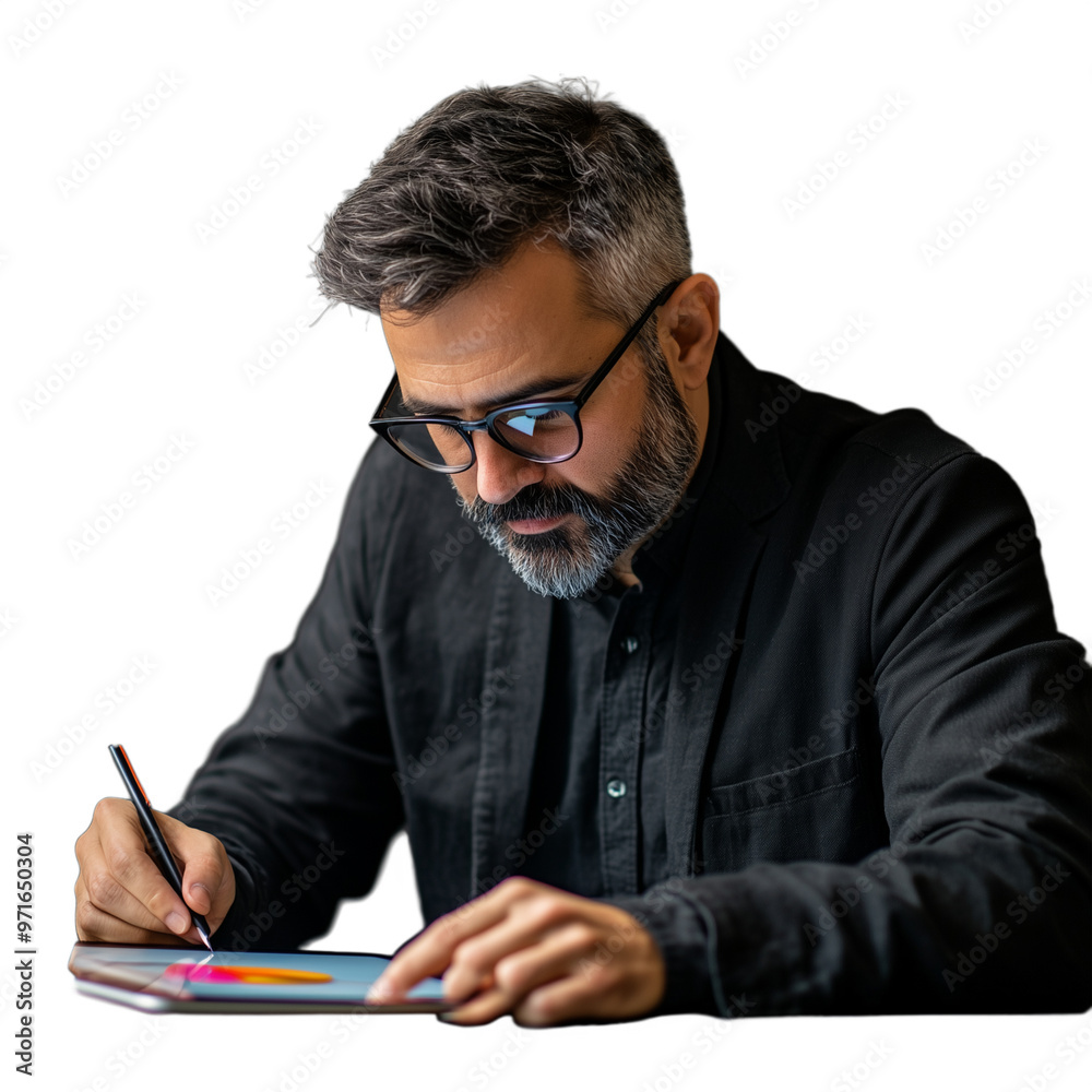 Bearded man wearing glasses and writing notes in a notebook, with concentration Bearded man wearing glasses and writing notes in a notebook, with concentration