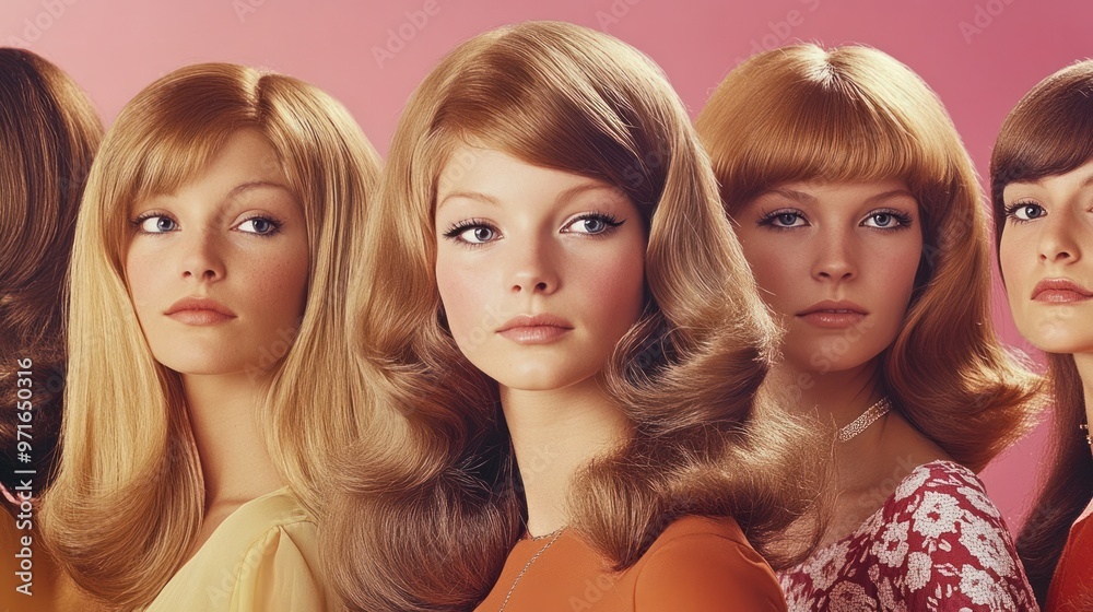 A 70s hairstyles feature, with models sporting iconic looks such as feathered hair, shag cuts, and voluminous curls A 70s hairstyles feature, with models sporting iconic looks such as feathered hair, shag cuts, and voluminous curls