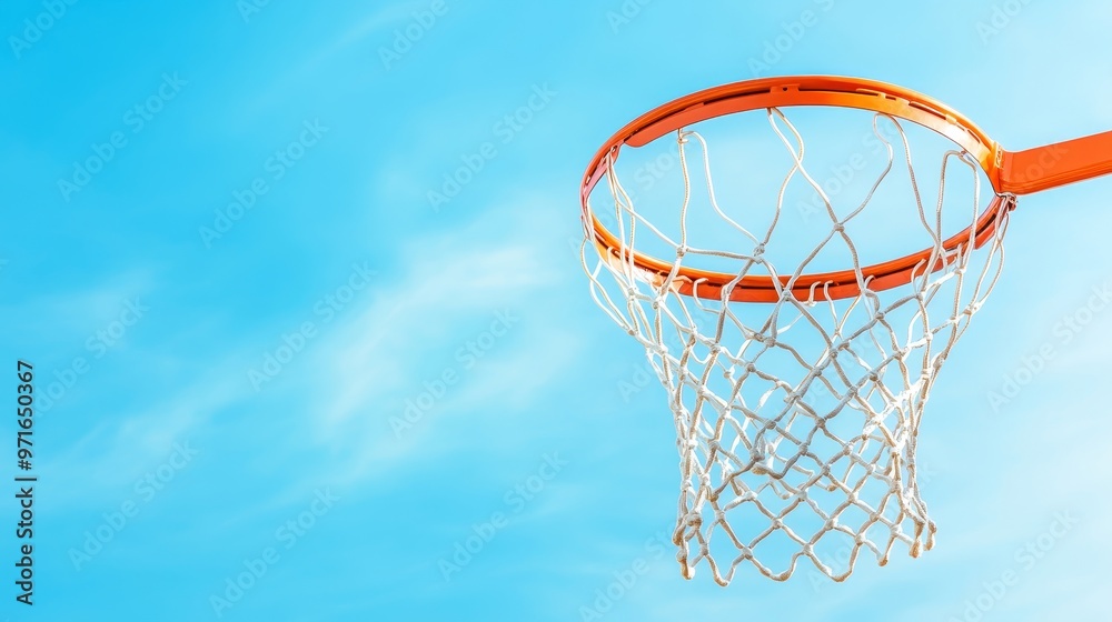 Net stretched as basketball scores, clear sky. Net stretched as basketball scores, clear sky.