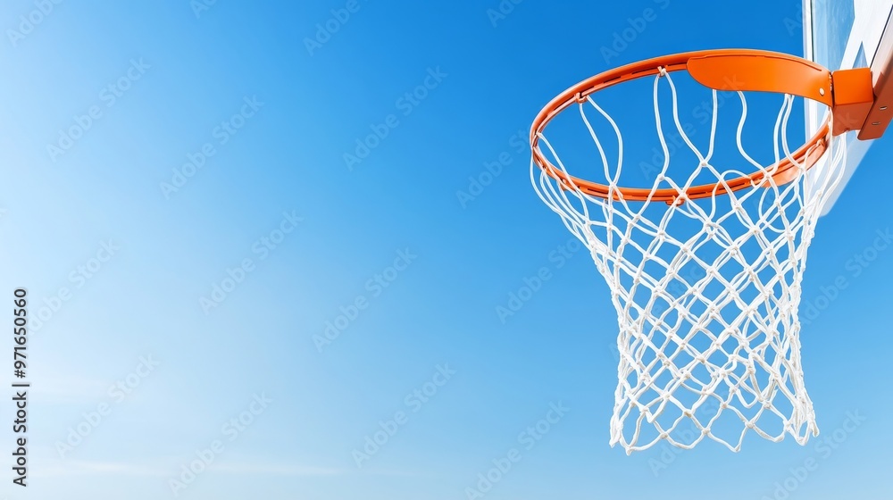 Net stretched with basketball, clear sky in the scene. Net stretched with basketball, clear sky in the scene.