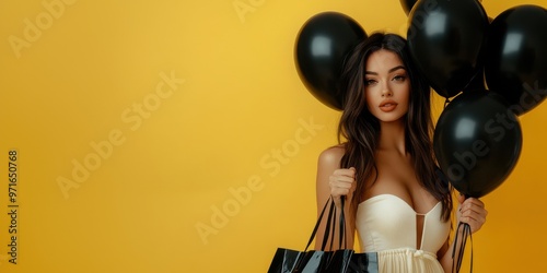 Stylish woman holding black balloons and black shopping bags on yellow background with copy space, Black Friday and sales advertising. photo