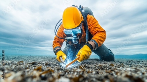 Ocean-floor welding, diver with tools in hand.