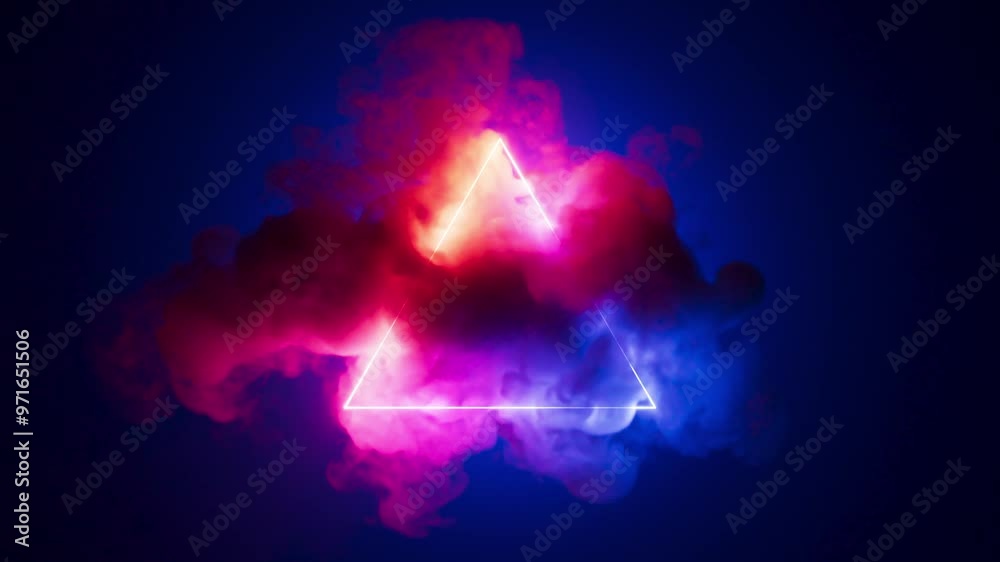 cycled 3d animation, abstract neon geometric background. Glowing triangle frame inside the flowing smoky cloud. Futuristic minimalist animated wallpaper