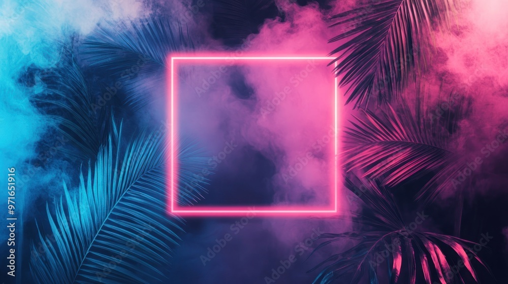 Neon Light Frame with Palm Leaves and Smoke Neon Light Frame with Palm Leaves and Smoke